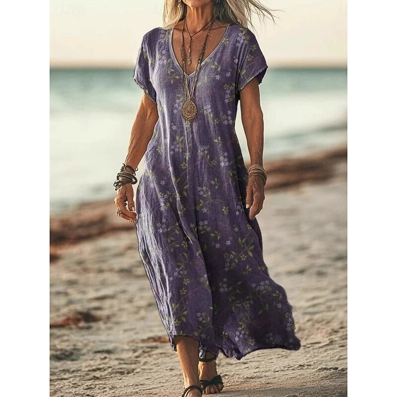 Women's Long Dress Maxi Dress Casual Dress Summer Dress Boho Dress African Vacation Daily Weekend Regular Fit Floral Short Sleeve V Neck Light Green Purple Green Apricot Summer2