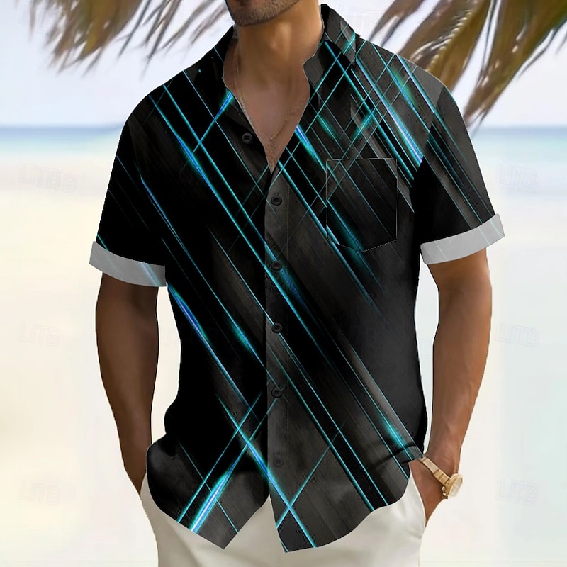 Men's Geometric Striped Gradient Color Shirt Summer Shirt Button Up Shirt Short Sleeve Fashion Casual Vacation Holiday Streetwear Summer Turndown 3D Print Front One Pocket Linen Like Shirt Yellow2
