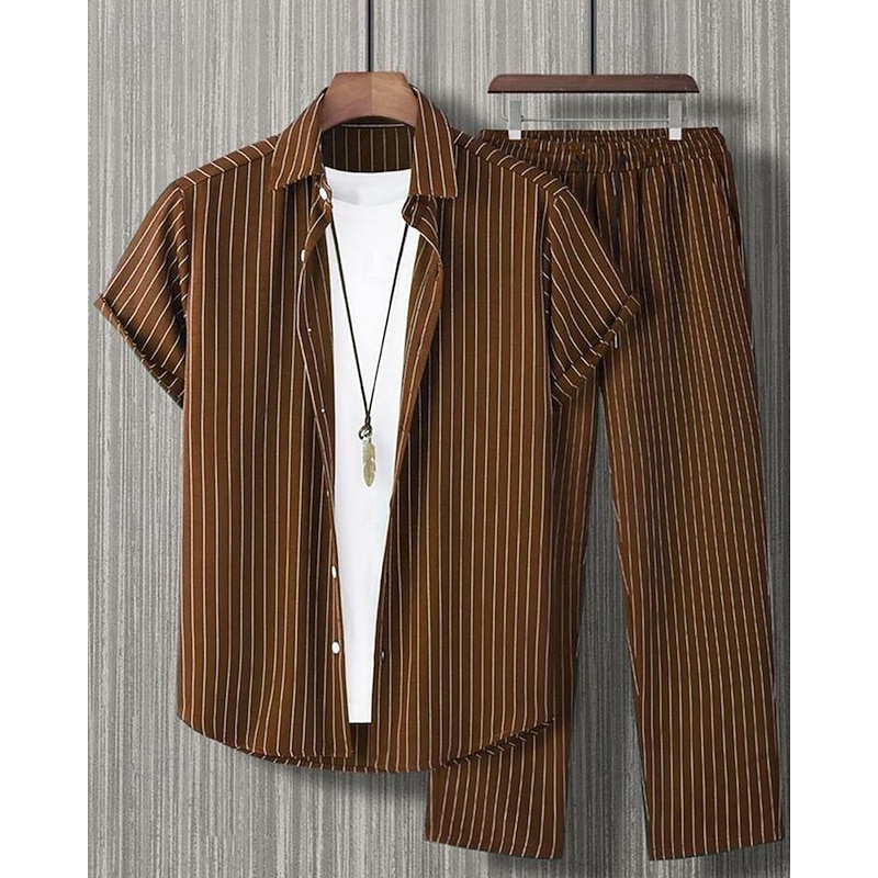 Men's Shirt Set T-shirt Suits 2 Pieces Outfits Tee & Shorts Short Sleeve Shirt Collar Summer Stripes Fashion Casual 2 Piece Vacation Daily Wear Going out Black Red Brown Top Tee for Men