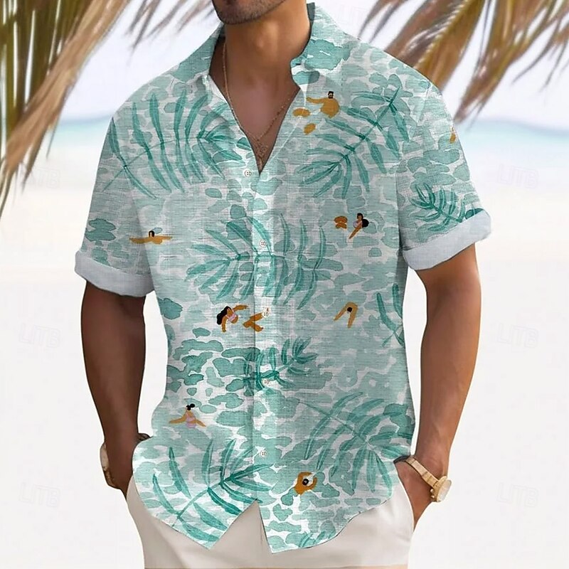 Men's Palm Leaf Turtles Tropical Plants Shirt Summer Hawaiian Shirt Button Up Shirt Short Sleeve Hawaiian Vacation Holiday Beach Wear Summer Turndown 3D Print Linen Like Shirt Blue 1# Blue