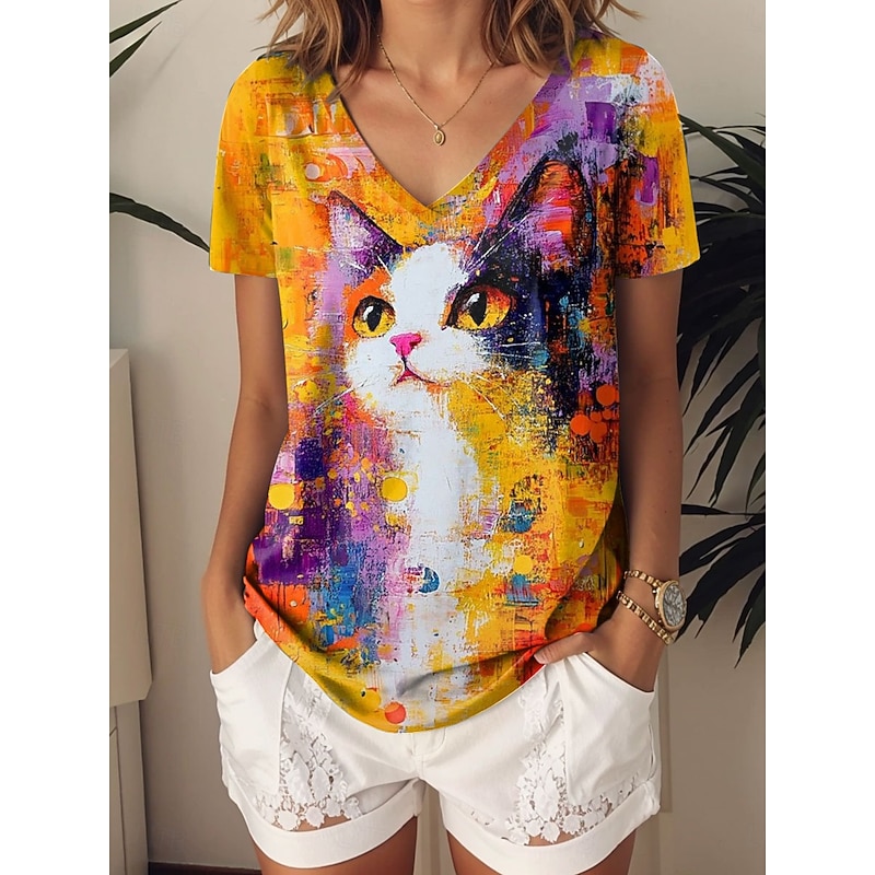 Women's T Shirt Graphic Animal Cat Vintage Stylish Modern Short Sleeve V Neck Regular Tops Daily Print Yellow Summer
