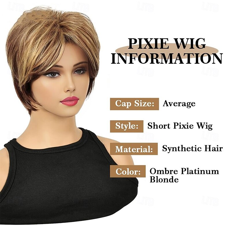 Short Brown Pixie Cut Wig for Women Short Hair Wigs with Bangs Mixed Blonde Highlight Layered Fluffy Synthetic Hair Replacement Wig Halloween Costumes Wigs3