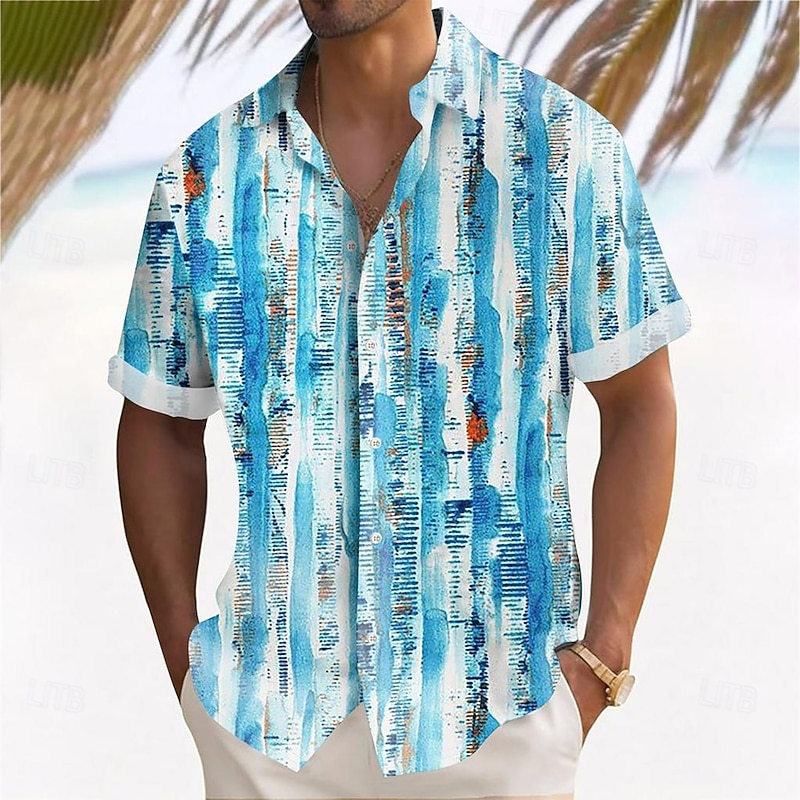 Men's Geometric Striped Gradient Color Shirt Summer Shirt Button Up Shirt Short Sleeve Fashion Casual Outdoor Vacation Dailywear Summer Spring Turndown 3D Print Collared Shirts Blue