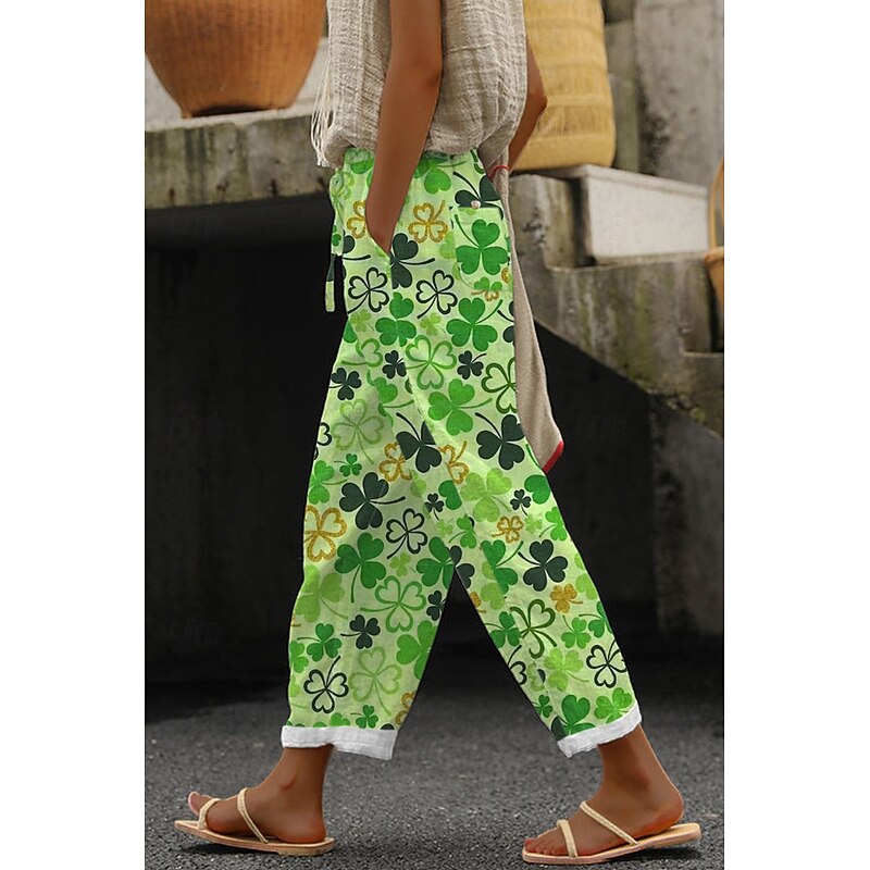Women's Cotton Linen Pants Slacks Fashion Full Length Natural Floral Pocket Printing Elastic Drawstring Design Comfy Outdoor Comfortable Outdoor Vacation Going out Light Sky Blue Black Light Green2