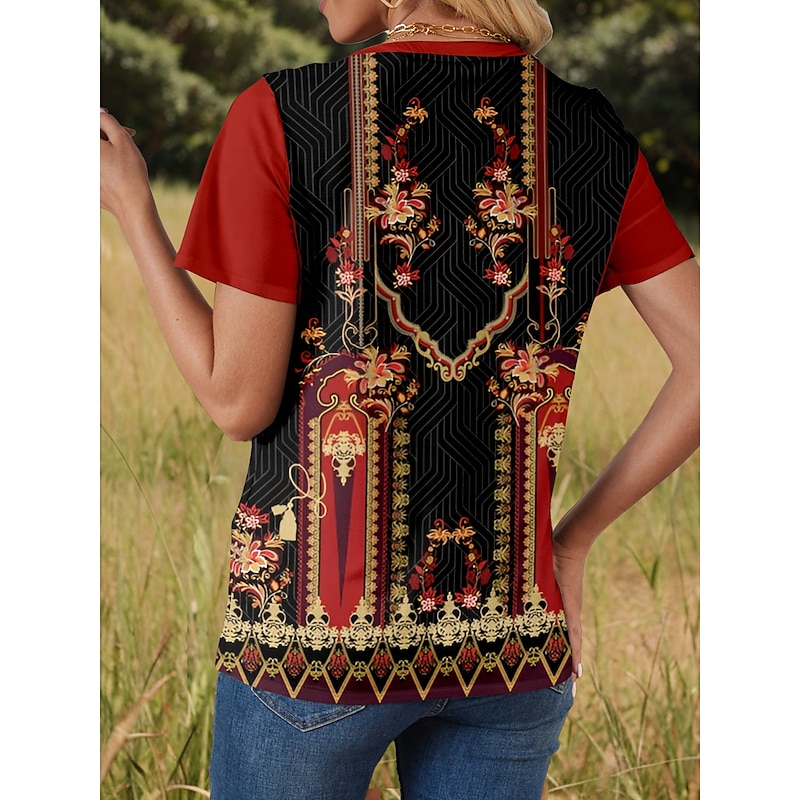 Women's T Shirt Graphic Geometric Plants Stylish Modern Casual Short Sleeve V Neck Regular Tops Daily Weekend Print Wine Summer Spring2