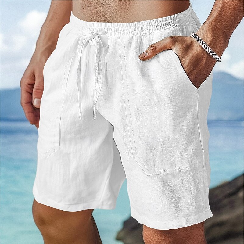 Men's Shorts Linen Shorts Summer Shorts Beach Shorts Drawstring Elastic Waist Plain Comfort Breathable Knee Length Outdoor Daily Beach Fashion Hawaiian Black White