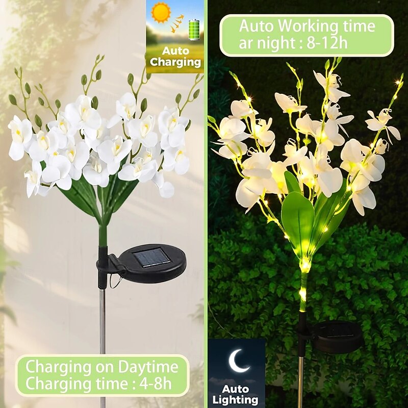 2PCS Solar Outdoor Waterproof Flower Lights Patio Lights Phalaenopsis Orchid Flower Lawn Light for Garden Terrace Yard Pathway Holiday Atmosphere Landscape Decoration4