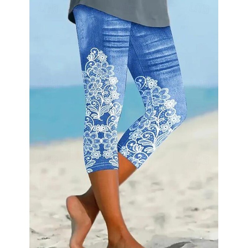 Women's Leggings Capri Pants High Elasticity Vacation Vintage Fashion Calf-Length Mid Waist Floral Graphic Printing Breathable Soft Stretchy Formal Vacation Street Robin's Egg Blue Black Dark Navy4