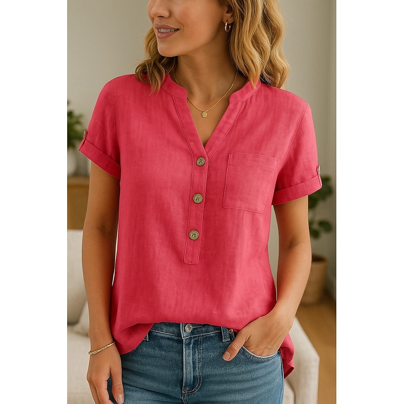 Women's Button Up Cotton Linen Shirt Plain Stylish Modern Short Sleeve V Neck Regular Tops Daily Holiday Buttons Red Blue Summer