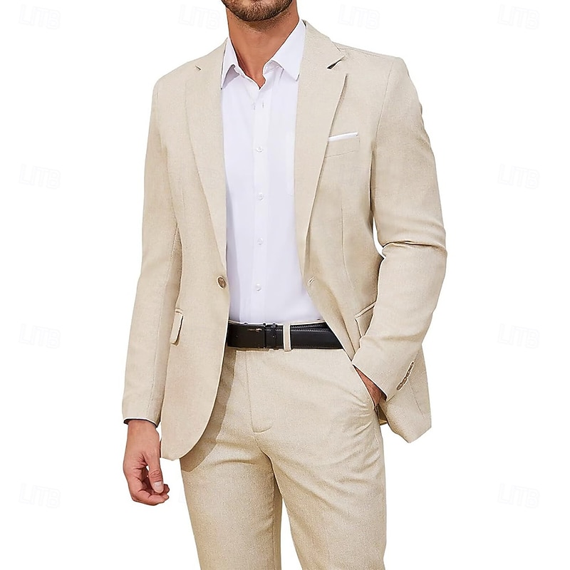 Men's Business Casual Linen Suits Notch Lapel Dusty Blue Beige Formal Solid Colored Standard Fit 2 Piece Single Breasted One-button