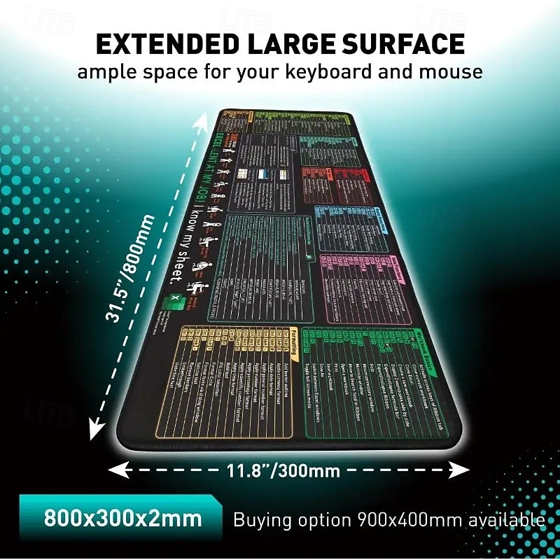 Excel Cheat Sheet Desk Mat, XL Mouse Pad with Shortcuts, 31.5"x11.8" or 35.4"x15.7", Desk Protector, Non-Slip, Waterproof, Office Work & Gaming, Productivity Gift for Professionals & Students2