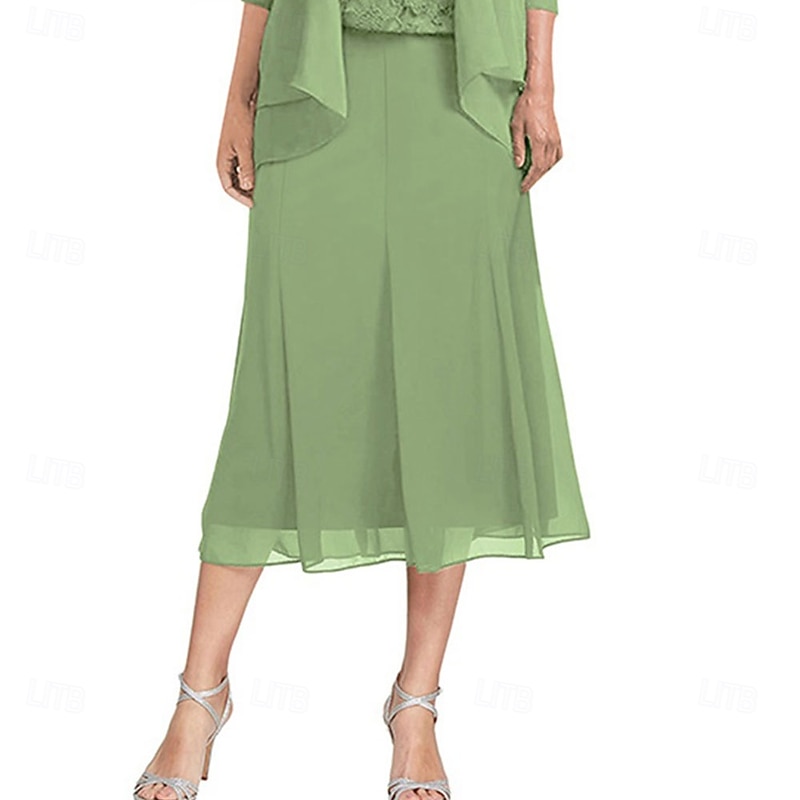 Dress Sets Mother of the Bride Dress Elegant Simple Square Neck Tea Length Polyester 3/4 Length Sleeve with Solid Color3