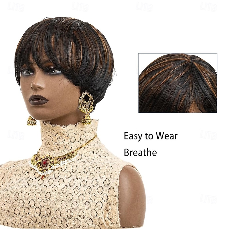 Pixie Cut Wigs for Black Women Synthetic Wavy Pixie Black Omber Auburn Wigs for Women Short Hair Straight Pixie Wig Short Curly Wigs for Black Women4