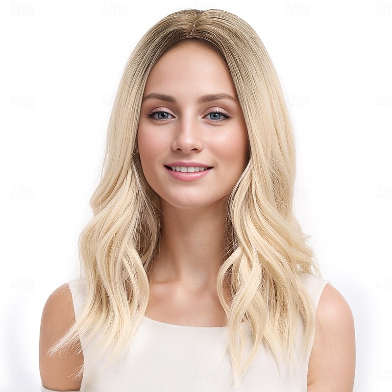 Synthetic Wig Wavy Deep Wave Middle Part Deep Parting Machine Made Wig 18 inch A1 Synthetic Hair Women's Middle Part Classic Color Gradient Blonde3