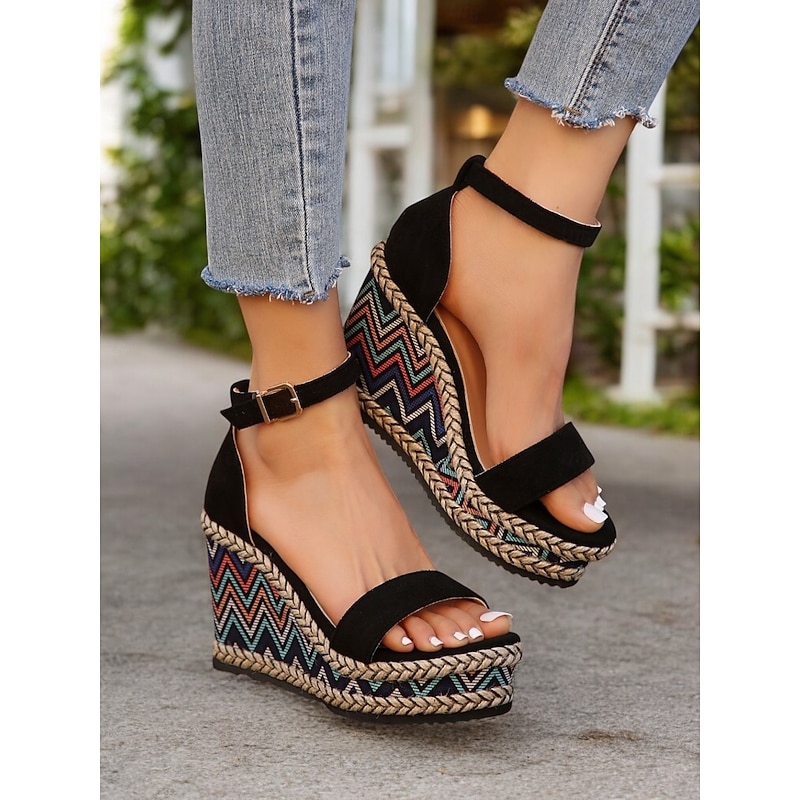 Women's Ethnic Print Espadrille Wedge Sandals – Black Open Toe Platform Shoes for Summer Parties & Resort Outfits3