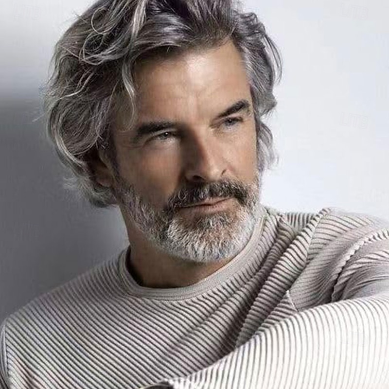 Mens Gray Wig Short Grey Layered Halloween Cosplay Wig Anime Costume Party Hair for Male