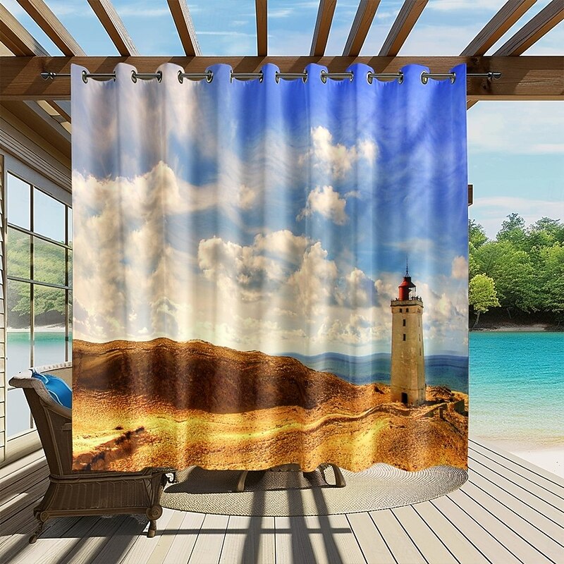 Waterproof Outdoor Curtain Privacy, Sliding Patio Curtain Drapes, Pergola Curtains Grommet 3D Ocean Light Tower Landscape For Gazebo, Balcony, Porch, Party, 1 Panel3