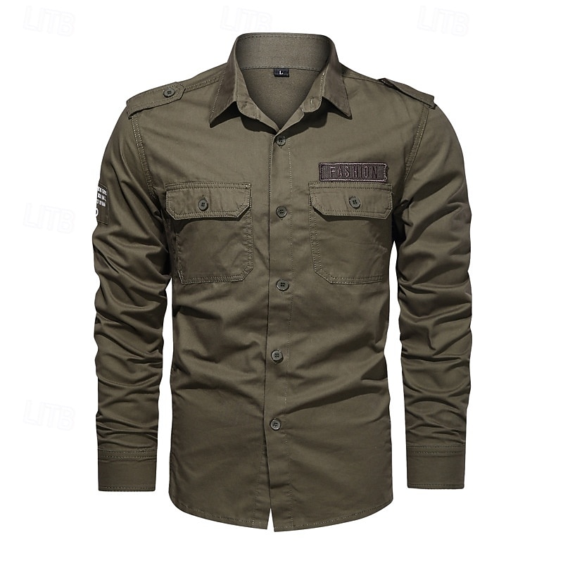 Men's Shirt Summer Shirt Casual Shirt Button Up Shirt Cargo Shirt Black khaki Army Green Long Sleeve Plain Shirt Collar Vacation Hawaiian Pocket Clothing Apparel 100% Cotton Fashion Casual Comfortable