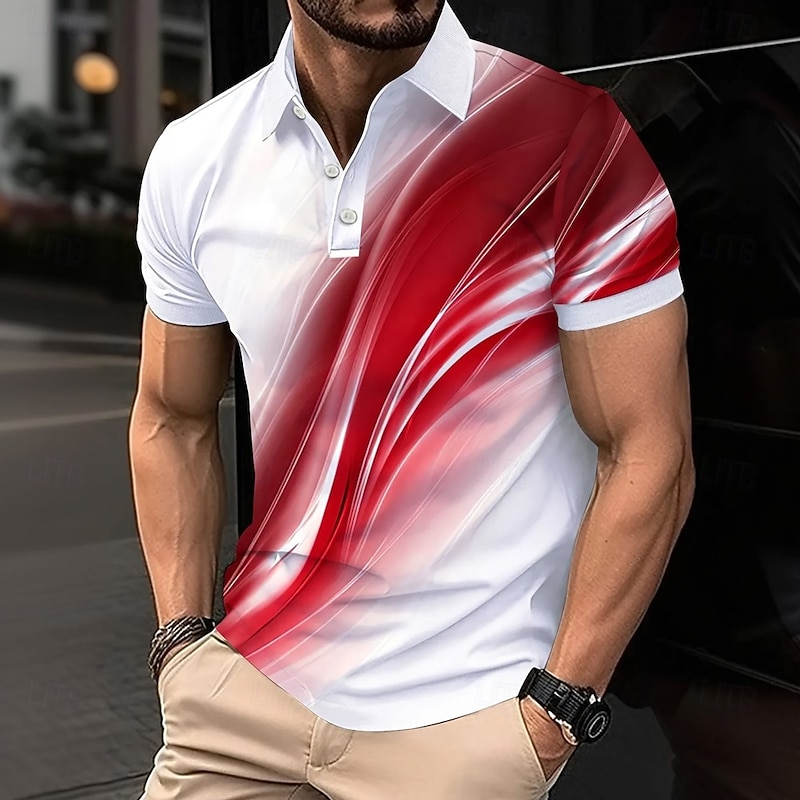 Men's Geometic Line Polo Short Sleeve Polo Shirts Collared Shirts Business Casual Outdoor Athleisure Daily Wear 3D Print Summer Red Blue3