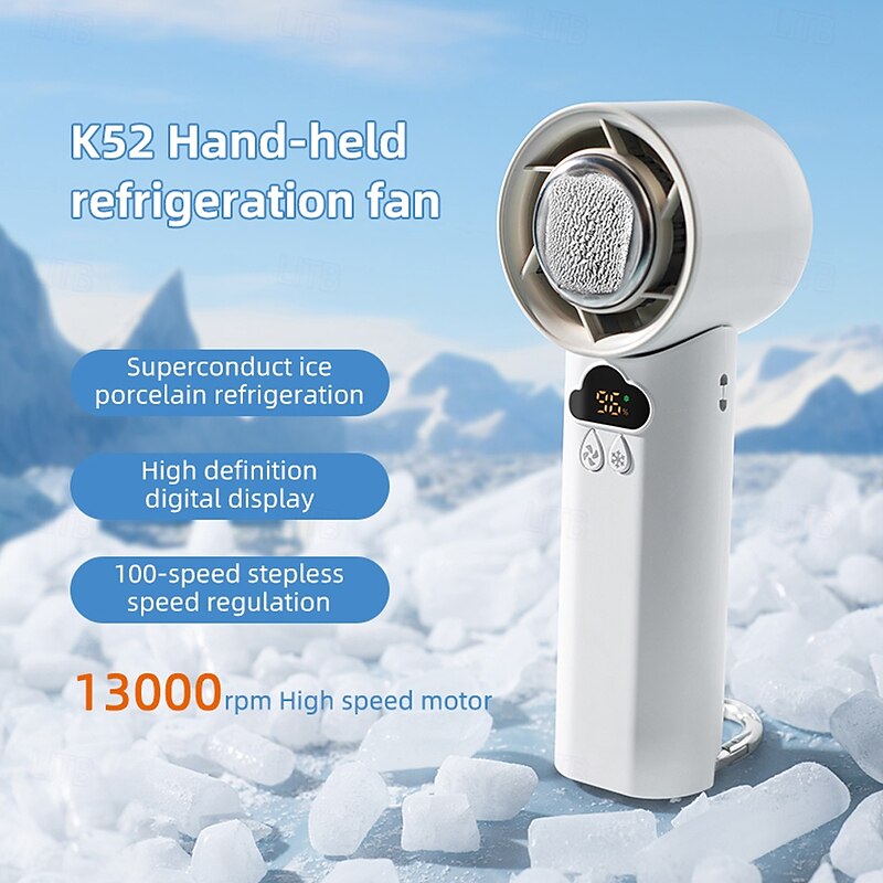 K52 Handheld Cooling Fan with Ice Porcelain Refrigeration, 13000rpm Motor, 100-Speed Stepless Control, Foldable Design, LED Display, and Type-C Charging – Portable Mini Fan for Summer Travel & Office
