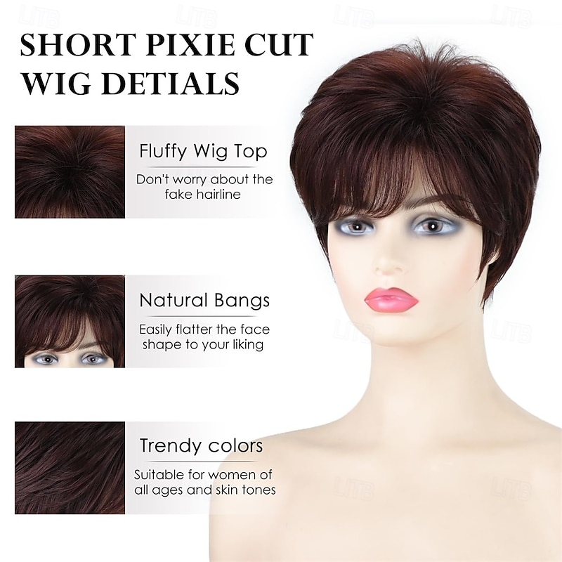 Short Dark Brown Pixie Wigs for Women Layered Synthetic Short Hair Wigs with Bangs Natural Looking Brown Wigs for White Women4