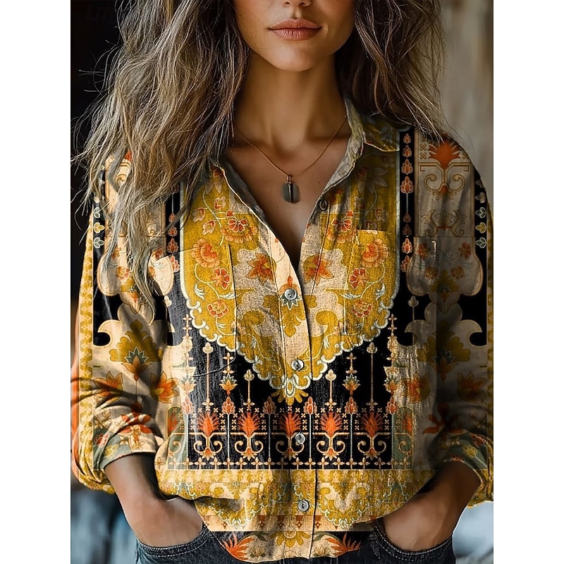 Women's Shirt Floral Paisley Stylish Modern Long Sleeve Shirt Collar Regular Tops Daily Holiday Buttons Pocket Print Maroon Black Yellow Wine Red Summer2
