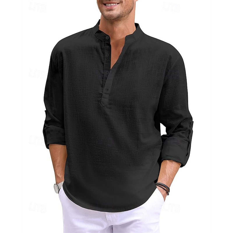 Men's Shirt Linen Shirt Band Collar Shirt Popover Shirt Summer Shirt Beach Wear Plain Vacation Curise Black White Blue Long Sleeve Band Collar Spring & Summer Clothing Apparel3