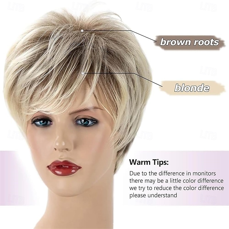 Short Blonde Wigs for Women Ladies Pixie Cut Wig with Fringe Natural Synthetic Layered Hair Wig for Costume Cosplay Daily Fancy Dress Accessories Halloween Party Wigs3