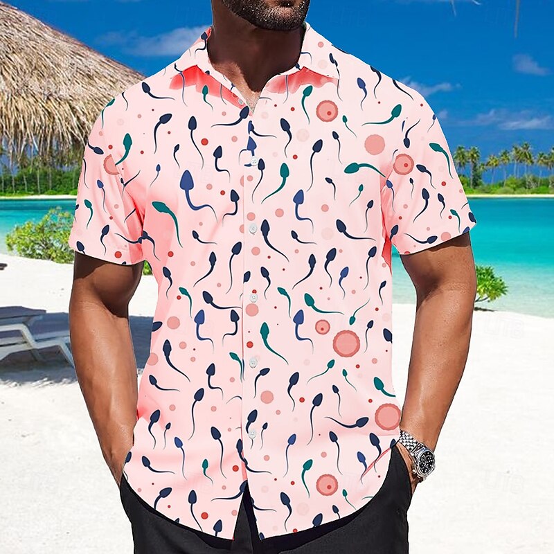 Men's Animal Tadpole Shirt Summer Shirt Button Up Shirt Short Sleeve Fashion Casual Outdoor Vacation Dailywear Summer Spring Turndown 3D Print Collared Shirts White Pink2