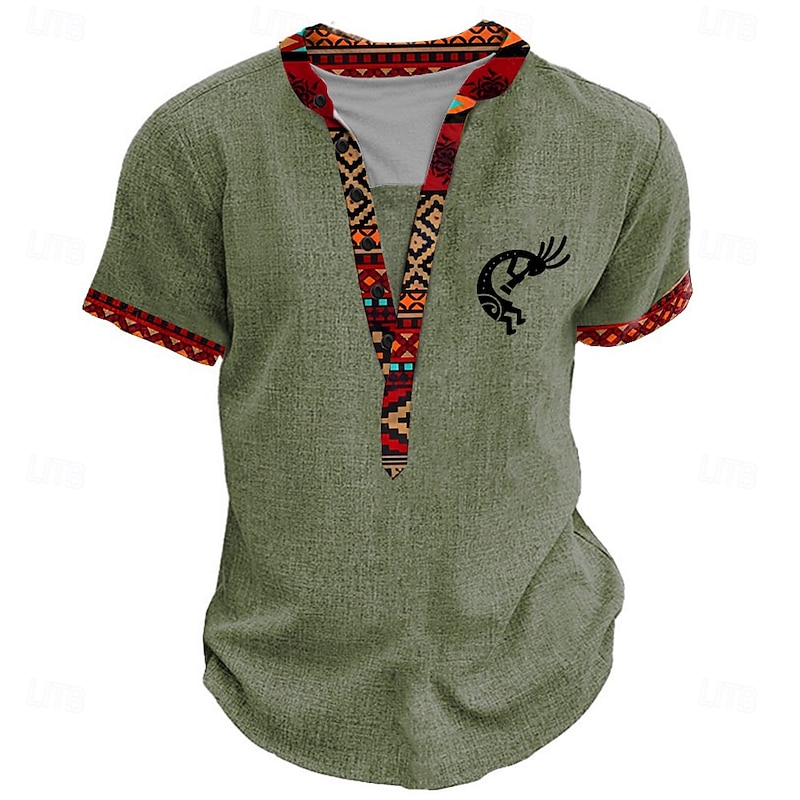 Men's Graphic Tribal Henley Shirt Short Sleeve 3D Print Fashion Designer Basic Daily Summer Light Blue Black Green Khaki Henley Henley T-Shirt3