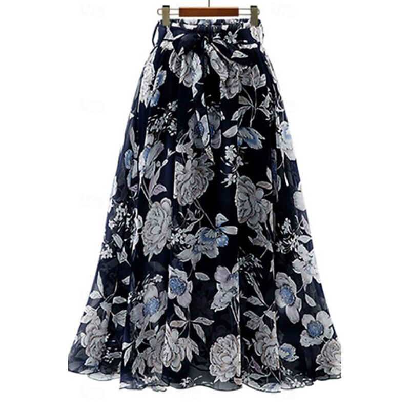 Women's Skirt Swing Casual Maxi Mid Rise Skirts Floral Print Micro-elastic Vacation Going out Black White Pink Blue Summer Polyester4