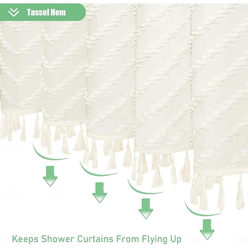 Boho Farmhouse Shower Curtain with Hooks 180cm*180cm(70"*70"), Sage Green Fabric Tufted Chevron Striped Textured Tassel Shower Curtains for Bathroom, Water Repellent4