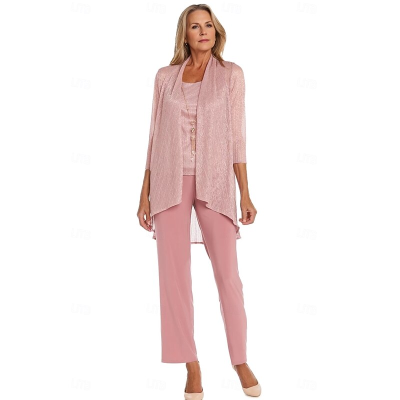 Pantsuit 3 Piece Mother of the Bride Formal Elegant Crew Neck Floor Length Chiffon Long Sleeve Wrap Included with Lace Cascading Ruffles Ruching