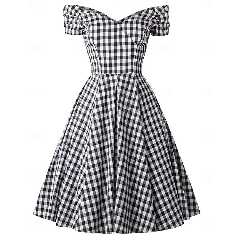 Retro Vintage 1950s Rockabilly Midi Dress A Line Dress Flare Dress Off Shoulder Gingham A-Line Fancy Dress Women's Vacation Tea Party Party & Evening Adults Dress Summer