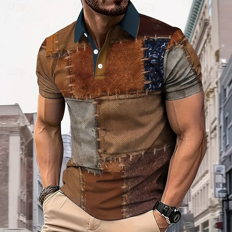Men's Patchwork Waffle Polo Shirts Short Sleeve Polo Shirts Collared Shirts Casual Outdoor Athleisure Buttons 3D Print Summer Brown