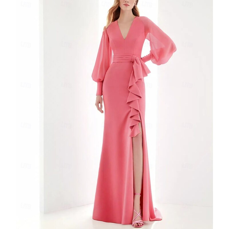 A-Line Evening Gown Elegant Dress Formal Floor Length Long Sleeve V Neck Chiffon with Ruffles Slit Butterfly2