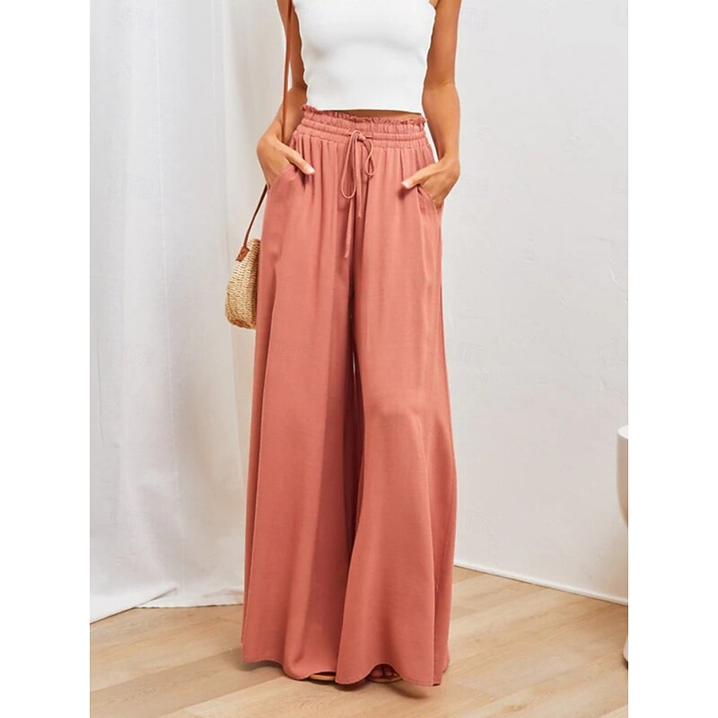 Women's Wide Leg Chinos Baggy Pants Basic Casual Full Length High Waist Plain Pocket Elastic Waistband Comfy Soft Comfortable Micro-elastic Outdoor Street Blue Orange Green Khaki Summer Spring4