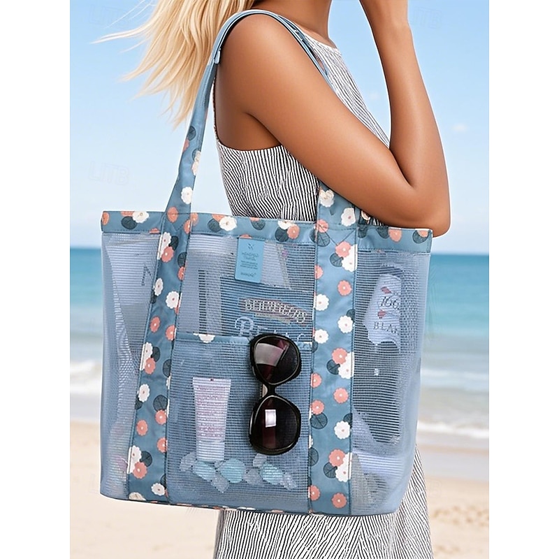 Women's Floral Mesh Beach Tote Bag – Large Waterproof Summer Shoulder Bag with Pockets, Lightweight and Breathable for Vacation, Pool and Travel Wine Green Dark Blue