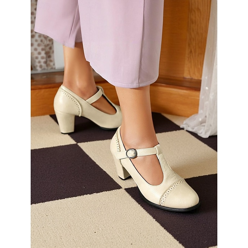 Women's Cream T-Strap Mary Jane Pumps with Brogue Detailing – 1950s Vintage Style Heeled Shoes for Parties, Weddings, and Retro Outfits2