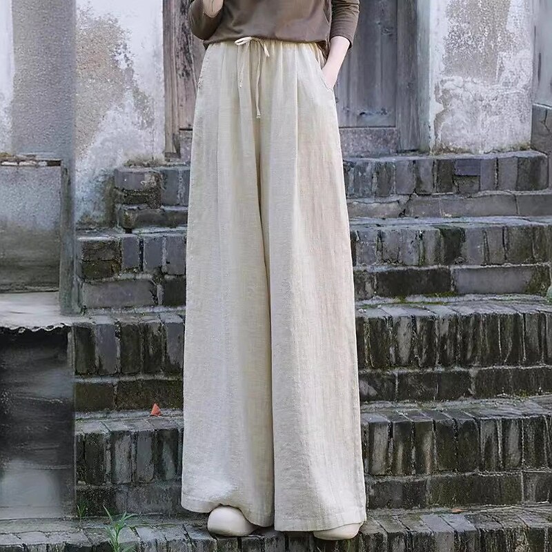 Women's Cotton Linen Pants Slacks Streetwear Casual Full Length Natural Plain Pocket Elastic Drawstring Design Outdoor Comfortable Street Holiday Dark Brown Apricot Black Dark Navy Summer Regular Fit