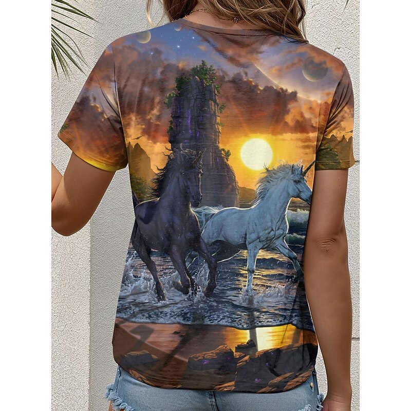 Unicorns in Sunset By Vincent Hie Women's T Shirt Graphic Animal Scenery Stylish Casual Short Sleeve V Neck Regular Tops Daily Print Orange Summer Spring2