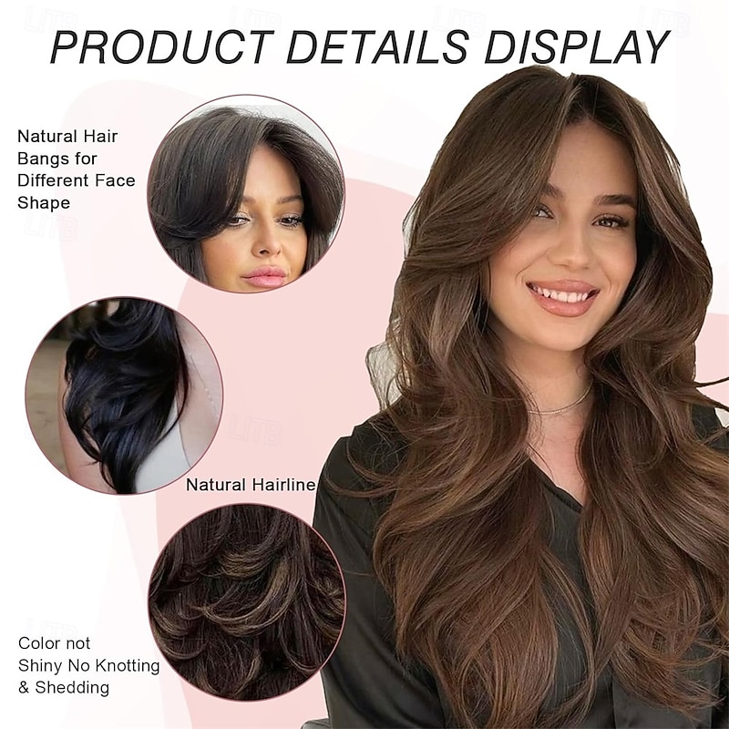 Highlight Ombre Brown Layered Wavy Wig With Curtain Bangs for Women Synthetic Dark Brown Highlight Wig Long Curly Natural Body Wave for Daily Party Use 24inch3