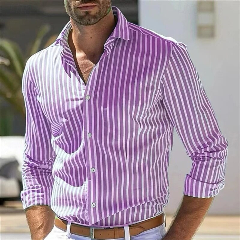 Men's Shirt Summer Shirt Casual Shirt Beach Shirt Button Up Shirt Light Pink Yellow Light Green Red Green Long Sleeve Stripes and Plaid Lapel Vacation Hawaiian Clothing Apparel Polyester Fashion3