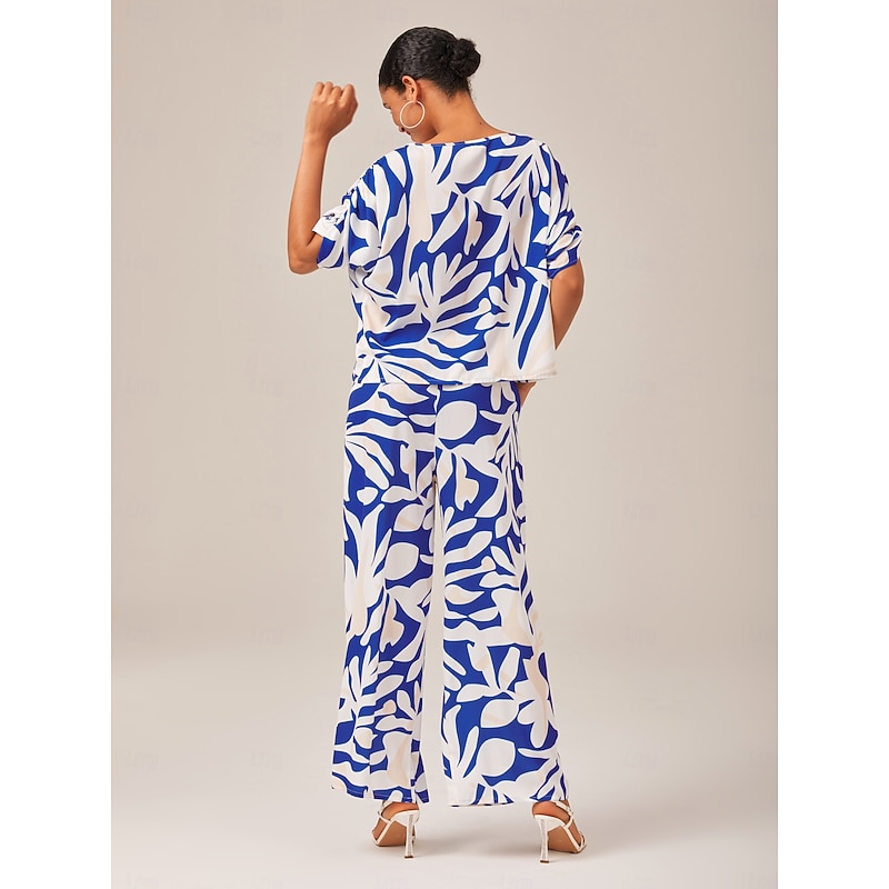 Satin Mismatched Floral Slash Neck T-shirt Sleeve Two Piece Set3