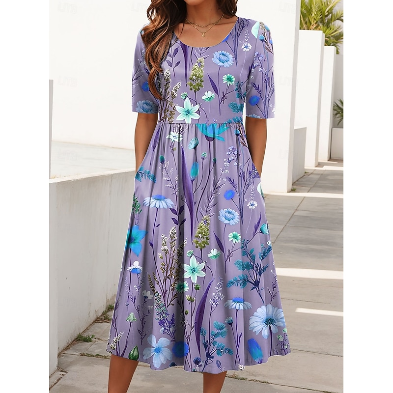 Women's Midi Dress Summer Dress Pleated Dress Vacation Casual Beach Daily Holiday Regular Fit Floral Graphic Short Sleeve Crew Neck Purple Brown Green Summer3