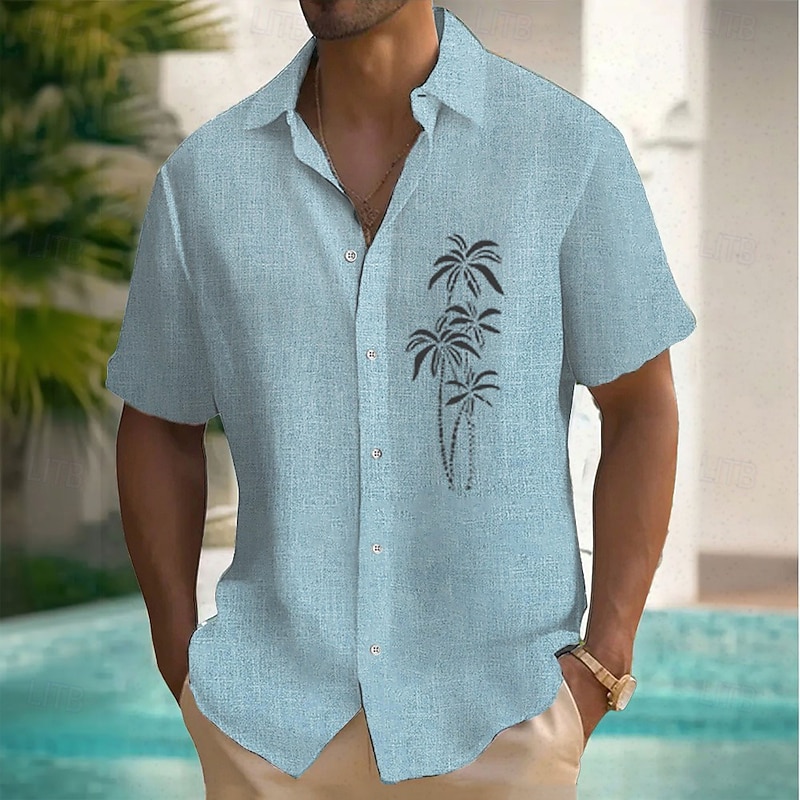 Men's Coconut Tree Tropical Plants Linen Shirt Summer Hawaiian Shirt Button Up Shirt Short Sleeve Hawaiian Resort Vacation Holiday Beach Wear Summer Spring Turndown Collared Shirts Pink Blue Green3