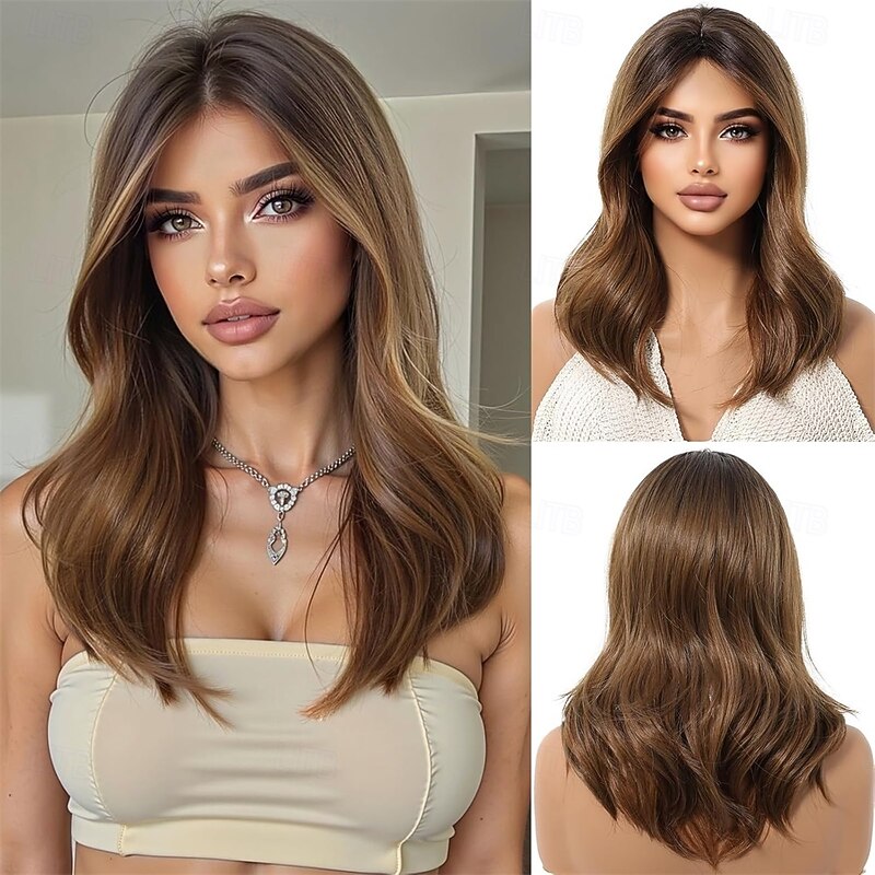 Ombre Brown Wig for Women with Curtain Bangs Medium Length Natural Curly Synthetic Hair Heat Resistant Wigs for Daily Party Cosplay Wear
