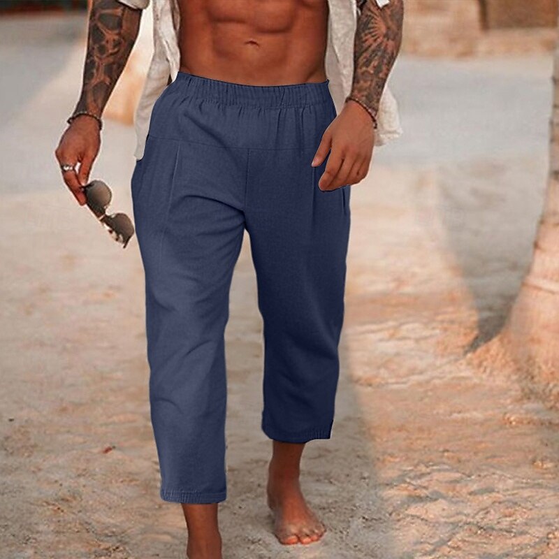 Men's Linen Pants Trousers Summer Pants Beach Pants Pleated Elastic Waist Straight Leg Plain Comfort Breathable Ankle-Length Outdoor Casual Holiday Fashion Retro Vintage Black Navy Blue