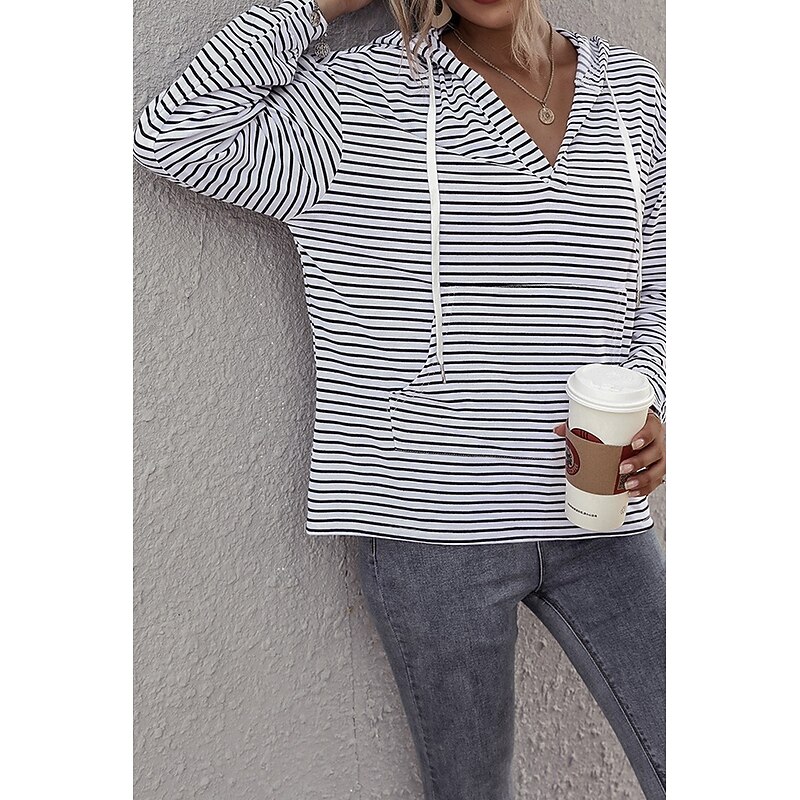 Women's Blouse Striped Casual Long Sleeve Hooded Regular Tops Daily Going out Pocket White Brown Summer3