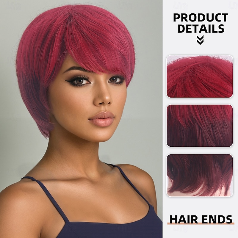 Synthetic Wig Straight Natural Straight Asymmetrical Deep Parting Machine Made Wig 10 inch A1 Synthetic Hair Women's Classic Color Gradient Highlighted / Balayage Hair Burgundy2